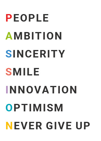 People, Ambition, Sincerity, Smile, Innovation, Optimism, Never give up